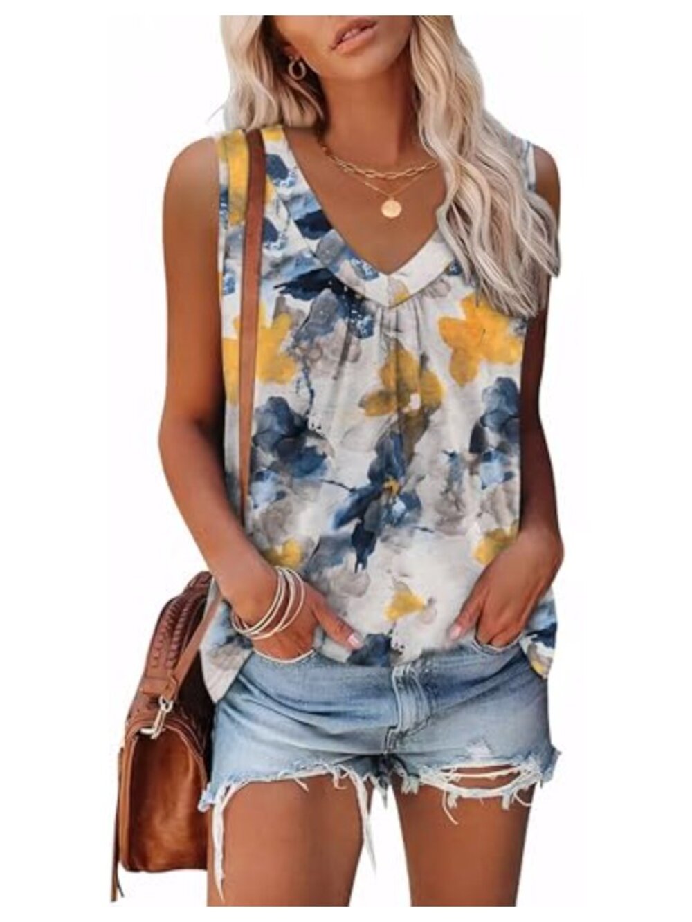 Jescakoo Loose Fit V-Neck Pleated Tank Top Curved Hem Sleeveless Summer Shirt